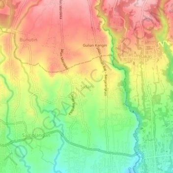 Mapa topográfico Sidan, altitud, relieve