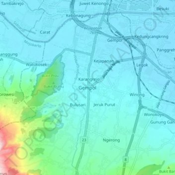 Mapa topográfico Gempol, altitud, relieve