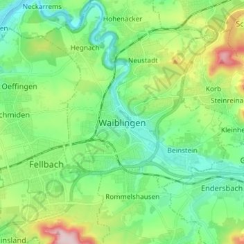 Mapa topográfico Waiblingen, altitud, relieve