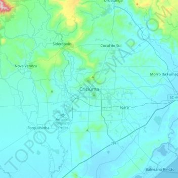Mapa topográfico Criciúma, altitud, relieve