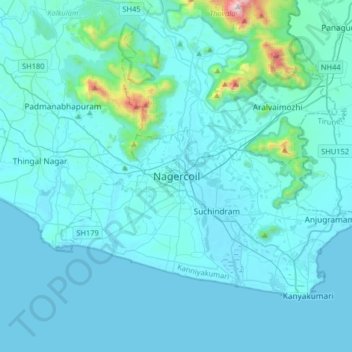 Mapa topográfico Nagercoil, altitud, relieve
