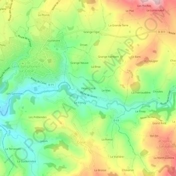 Mapa topográfico Vieux Coise, altitud, relieve