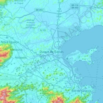 Mapa topográfico Duque de Caxias, altitud, relieve