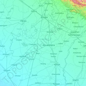 Mapa topográfico Kurukshetra, altitud, relieve