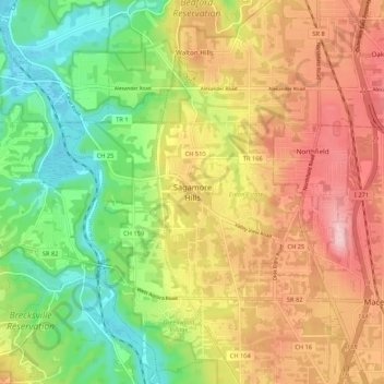 Mapa topográfico Sagamore Hills, altitud, relieve