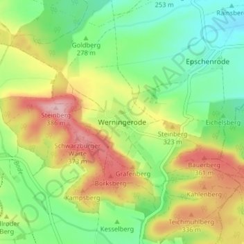 Mapa topográfico Werningerode, altitud, relieve