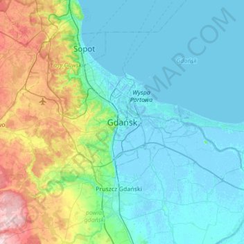 Mapa topográfico Gdansk, altitud, relieve