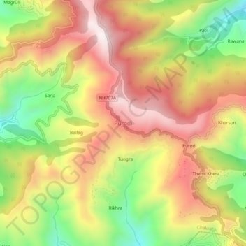 Mapa topográfico Purodi, altitud, relieve