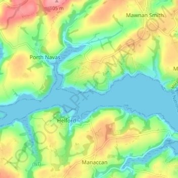 Mapa topográfico Helford Passage, altitud, relieve