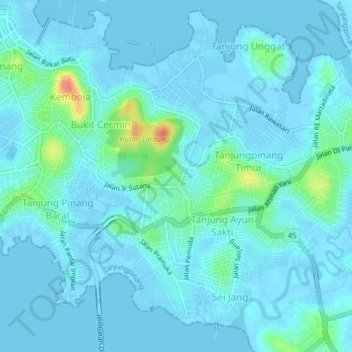 Mapa topográfico Kampung Baru, altitud, relieve