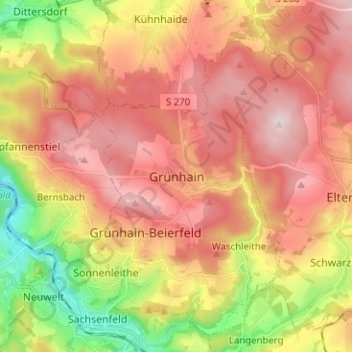 Mapa topográfico Grünhain, altitud, relieve