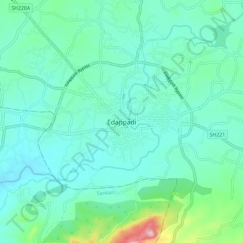 Mapa topográfico Edappadi, altitud, relieve