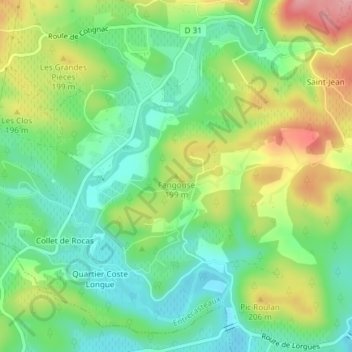 Mapa topográfico Fangouse, altitud, relieve