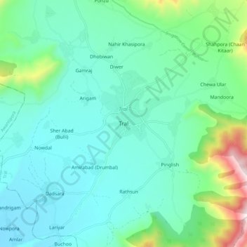 Mapa topográfico Tral, altitud, relieve