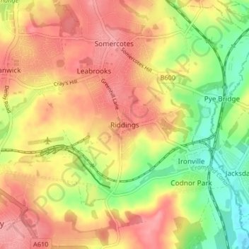 Mapa topográfico Riddings, altitud, relieve
