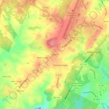 Mapa topográfico Rivanna, altitud, relieve