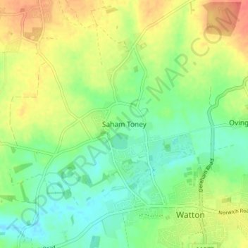 Mapa topográfico Saham Toney, altitud, relieve