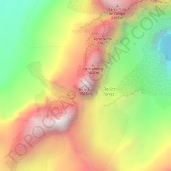 Mapa topográfico Torres del Paine, altitud, relieve