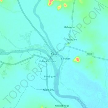 Mapa topográfico Asika, altitud, relieve