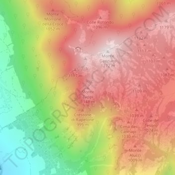 Mapa topográfico Monte Zappi, altitud, relieve