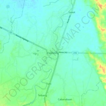 Mapa topográfico Camiling, altitud, relieve