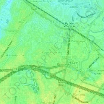 Mapa topográfico Kayuringinjaya, altitud, relieve
