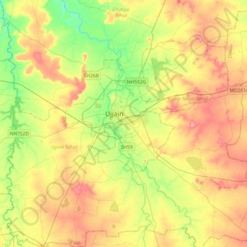 Mapa topográfico Ujjain, altitud, relieve