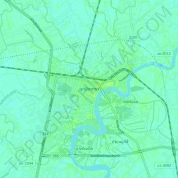 Mapa topográfico Chachoengsao, altitud, relieve