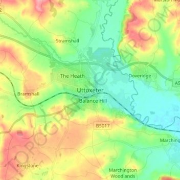 Mapa topográfico Uttoxeter, altitud, relieve