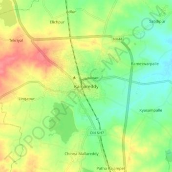 Mapa topográfico Kamareddy, altitud, relieve