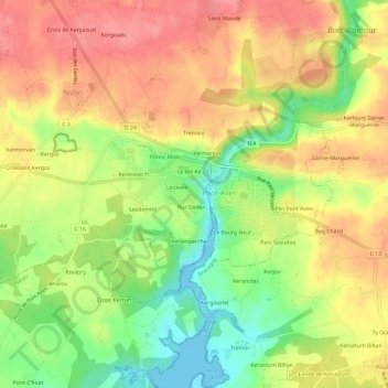 Mapa topográfico Roz An Bidou, altitud, relieve