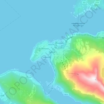 Mapa topográfico Narvik, altitud, relieve
