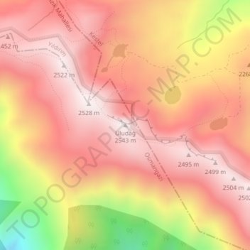 Mapa topográfico Uludağ, altitud, relieve