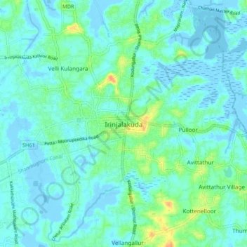 Mapa topográfico Irinjalakuda, altitud, relieve