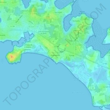 Mapa topográfico Kerjouanno, altitud, relieve