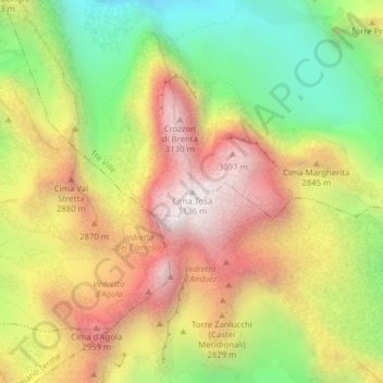 Mapa topográfico Cima Tosa, altitud, relieve