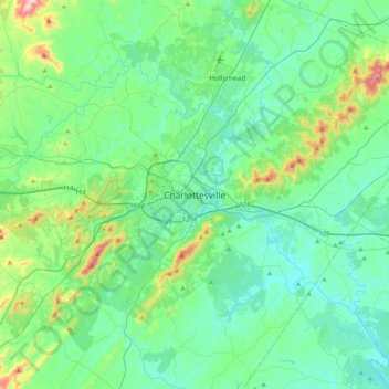 Mapa topográfico Charlottesville, altitud, relieve