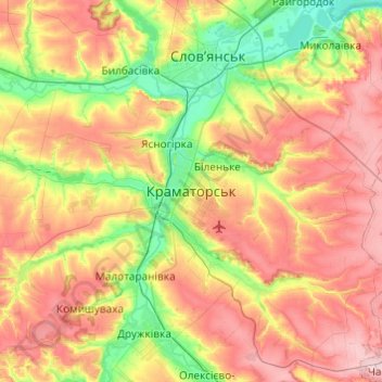 Mapa topográfico Kramatorsk, altitud, relieve