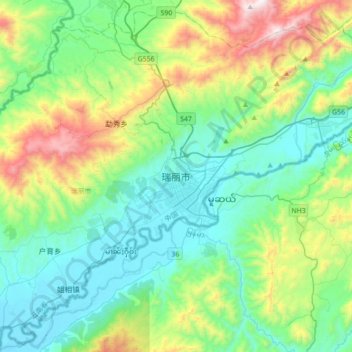 Mapa topográfico Ruili, altitud, relieve