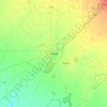 Mapa topográfico Patiala, altitud, relieve