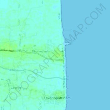 Mapa topográfico Poompuhar, altitud, relieve