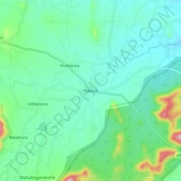 Mapa topográfico Hanur, altitud, relieve