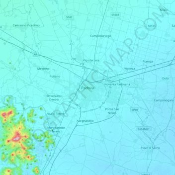 Mapa topográfico Padua, altitud, relieve