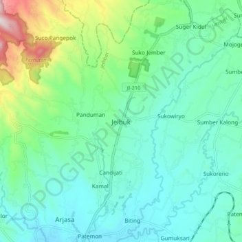 Mapa topográfico Jelbuk, altitud, relieve