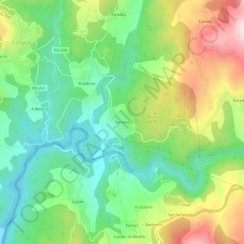 Mapa topográfico Fentáns, altitud, relieve