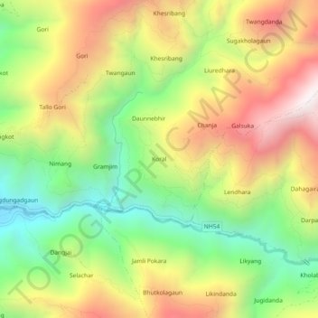 Mapa topográfico Koral, altitud, relieve