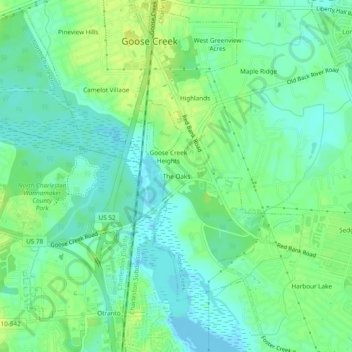 Mapa topográfico The Oaks, altitud, relieve