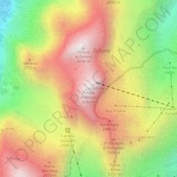 Mapa topográfico Tofana di Mezzo, altitud, relieve