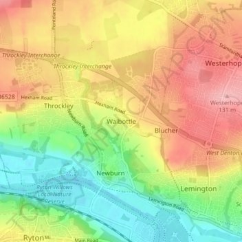 Mapa topográfico Walbottle, altitud, relieve