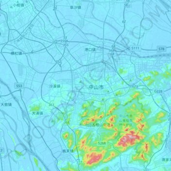 Mapa topográfico Zhongshan, altitud, relieve